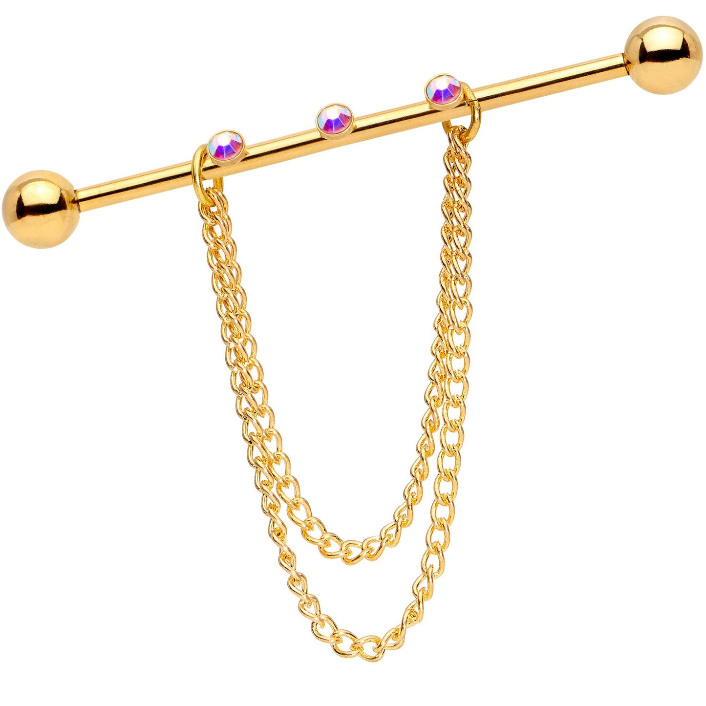 14G Handmade Aurora Gem Gold Tone Chain Dangle Industrial Barbell