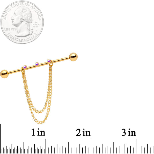 14G Handmade Aurora Gem Gold Tone Chain Dangle Industrial Barbell