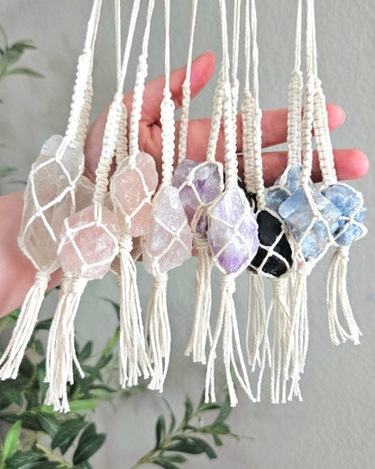 Macrame wrapped crystal rear view mirror charm DIY craft kit.