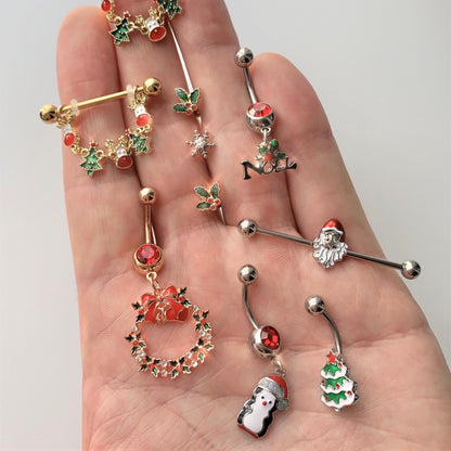 14G 9/16 Gold Tone Reindeer Christmas Tree Dangle Nipple Ring Set
