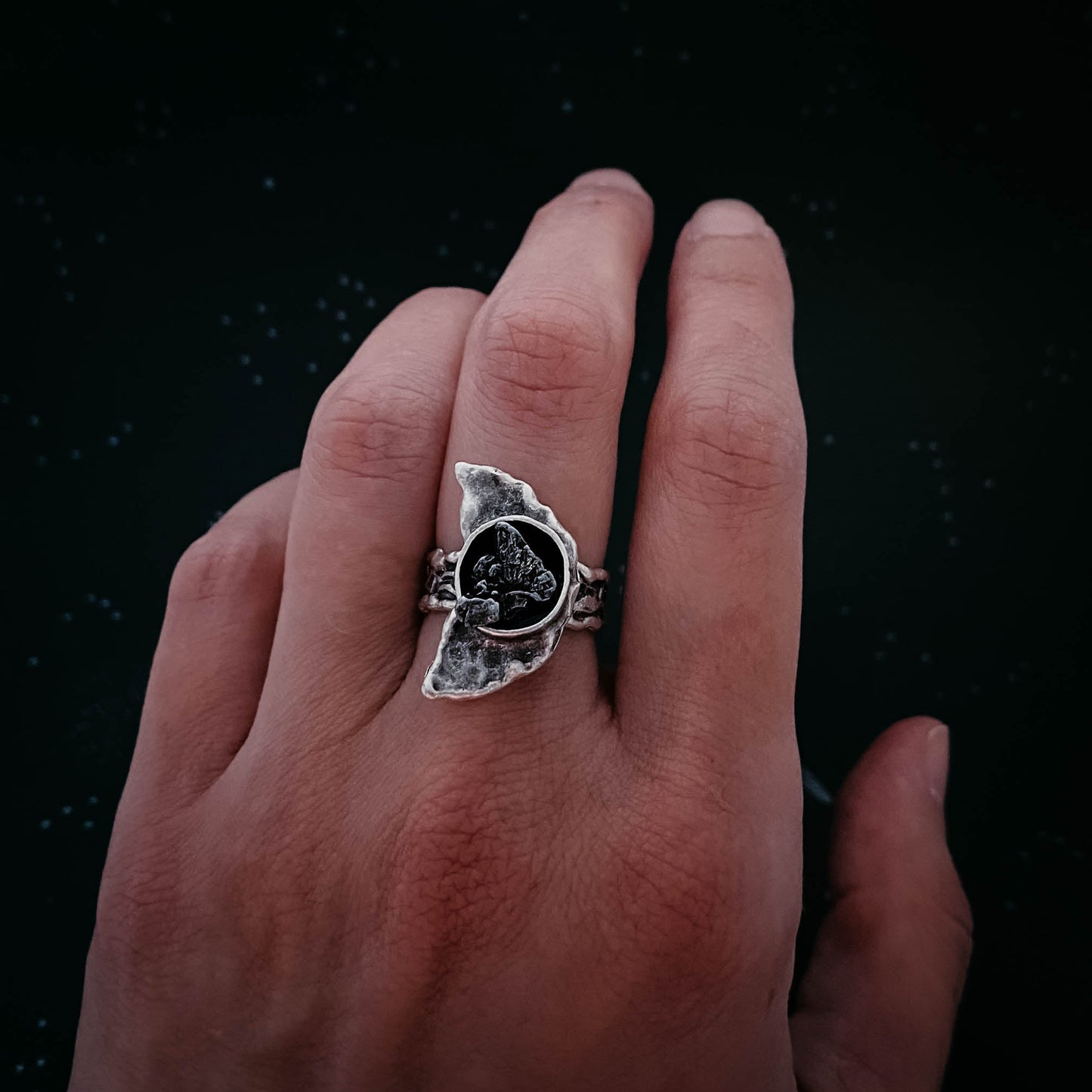 Crescent Moon Ring with Authentic Meteorite