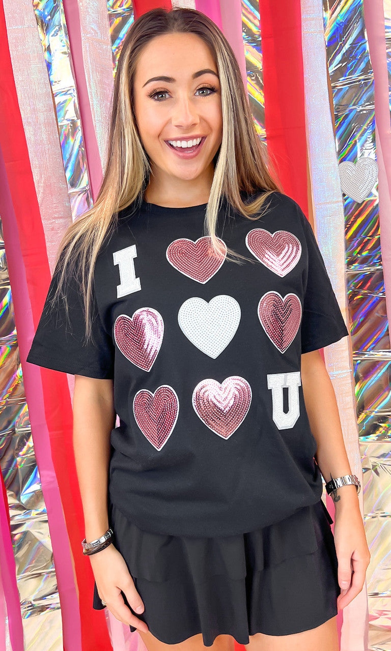 I Love You  Sequin Valentine Heart Graphic T-Shirt
