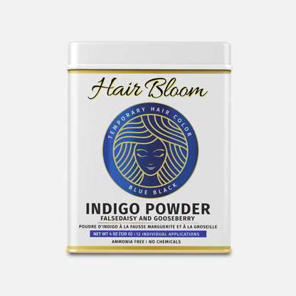 Hair Bloom Natural Blue Black Hair Color- Herbal Indigo w/ False Daisy & Gooseberry Hair Color Powder- 12 individual sachets (10 gm each)- Reusable Brush & Tray Included