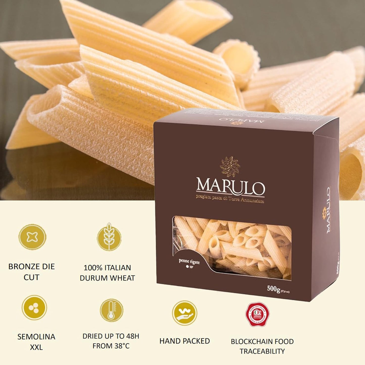 Marulo, Organic Penne Pasta, Artisan Bronze Die-Cut Pasta, 12 Pack x 1.1 lb