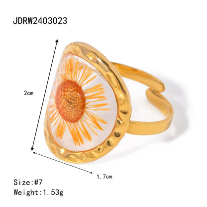Stainless Steel Round Preserved Flower Orange Ring