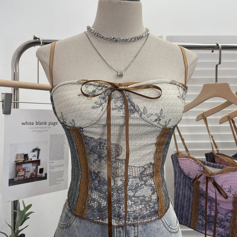 Vintage Ink Painting Lace-Up Tube Top with Chest Pad
