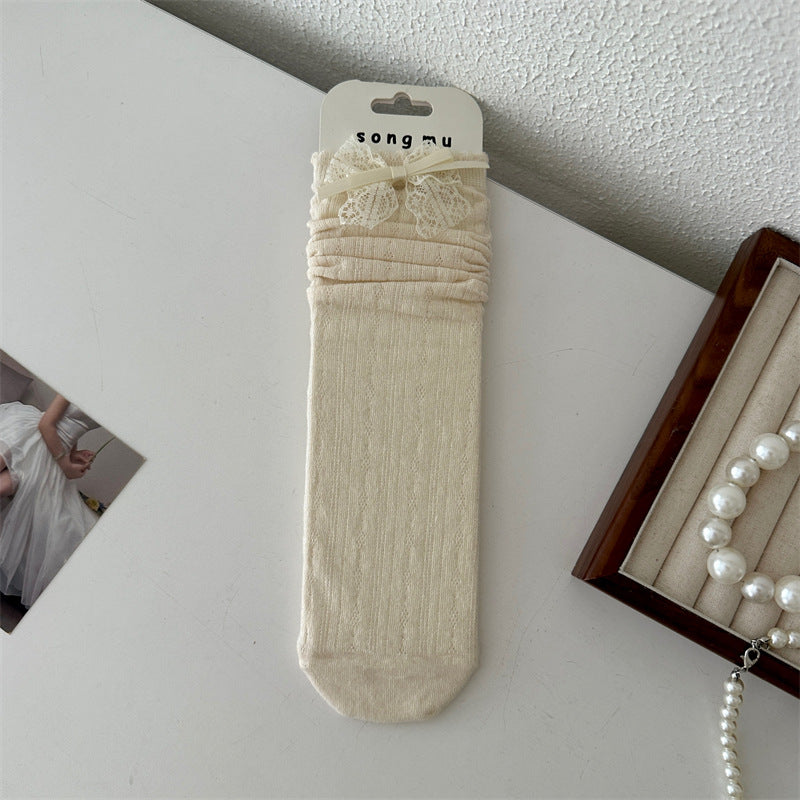 Floral Bow Mesh Mid-Calf Socks