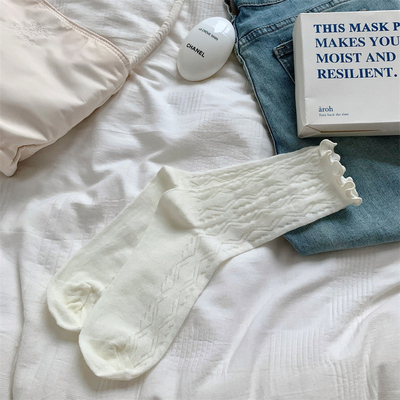 Mesh Hollow Wooden Ear Mid-Calf Socks