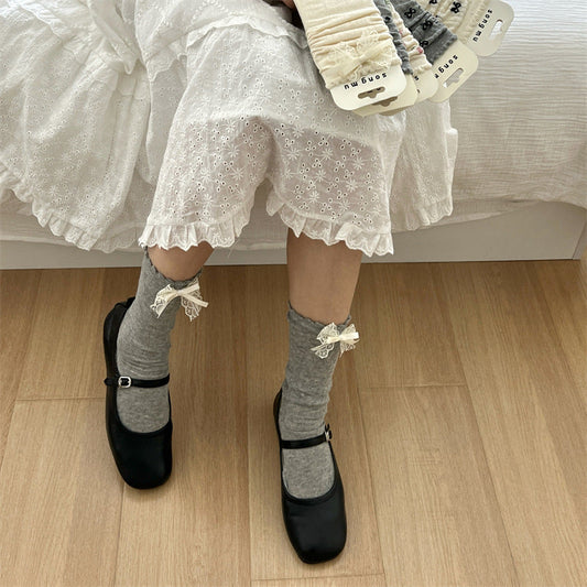 Floral Bow Mesh Mid-Calf Socks