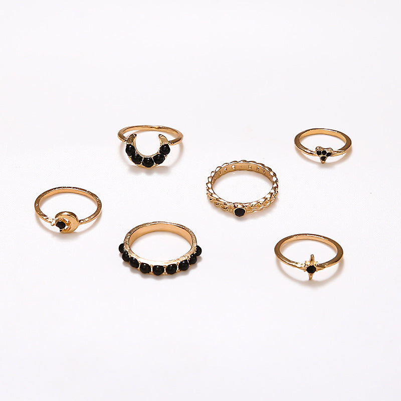 Black Gemstone Star Moon 6-piece Set Ring