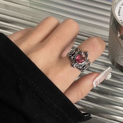 Red Blue Heart-Shaped Open Ring for Women