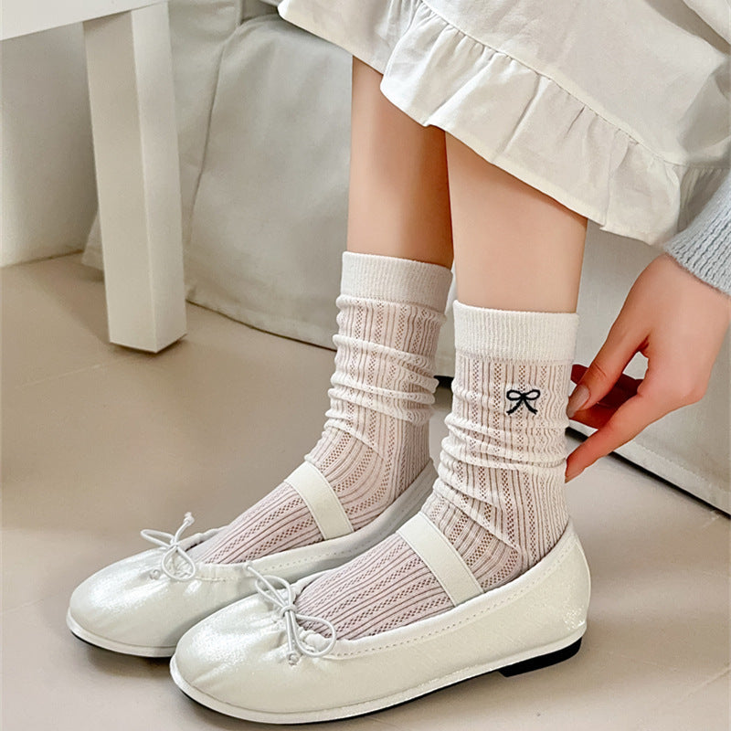 Bow Embroidery Hollow Thin Female Middle Tube Socks