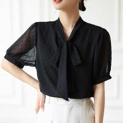 Bow Lace-up Polka Dots Short Sleeve Top