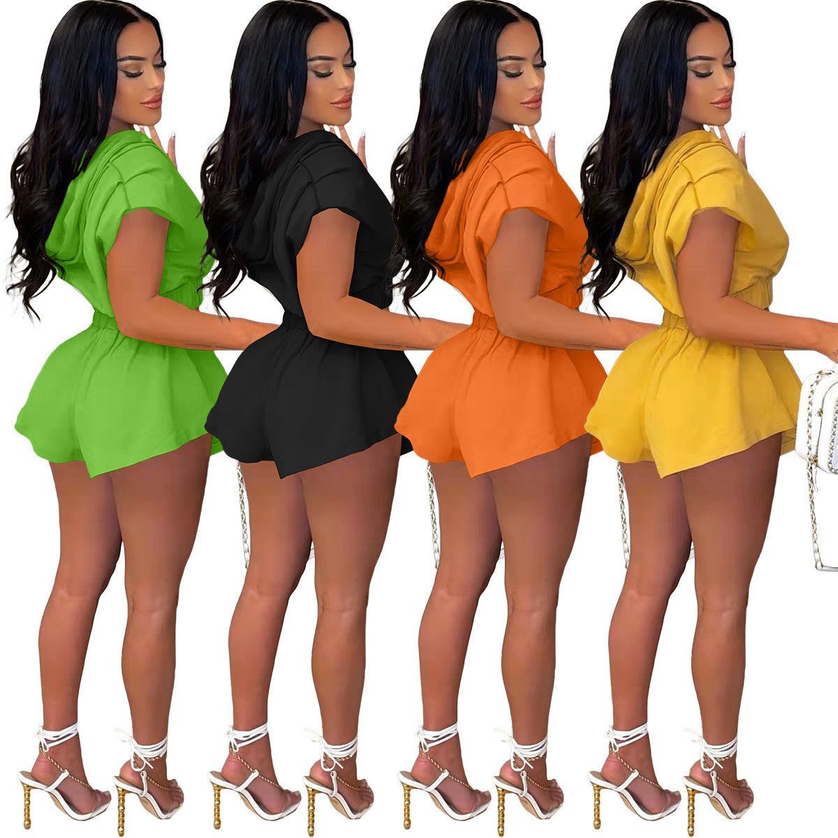 Hooded Zipper Short Sleeve Two-Piece Set