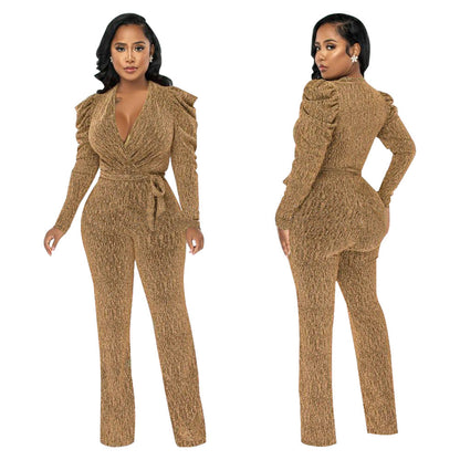 Sexy Waist Trimming V-neck Puff Sleeve Glossy Knitted Jumpsuit