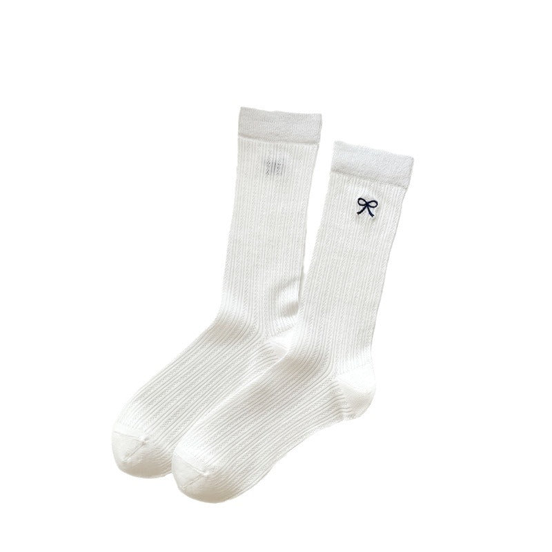 Bow Embroidery Hollow Thin Female Middle Tube Socks