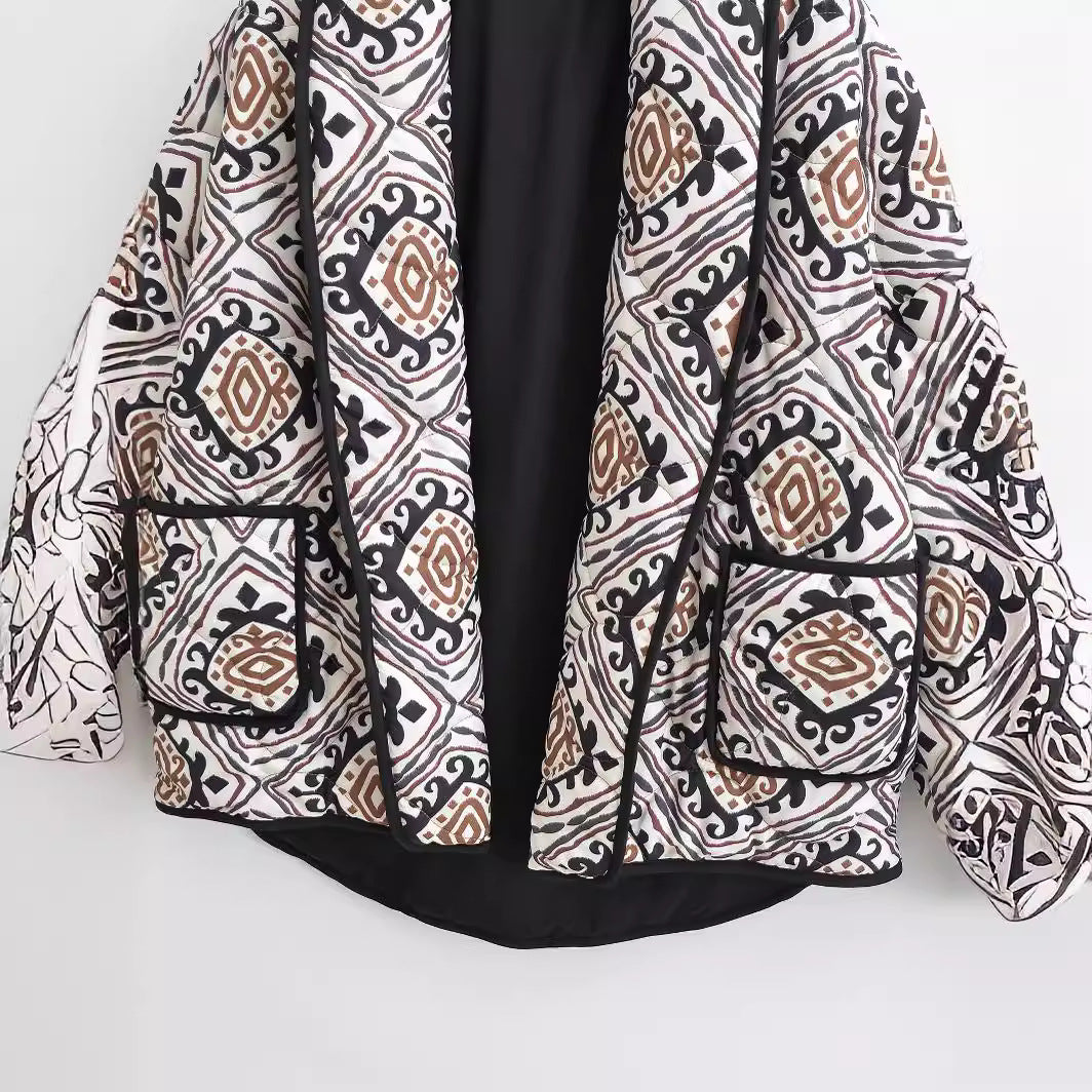 European American Floral Print Cotton-Padded Jacket