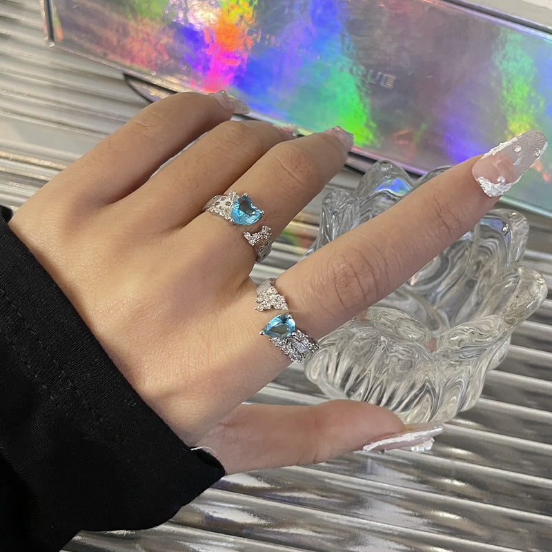 Blue Heart-shaped Zircon Water Drop Open Ring