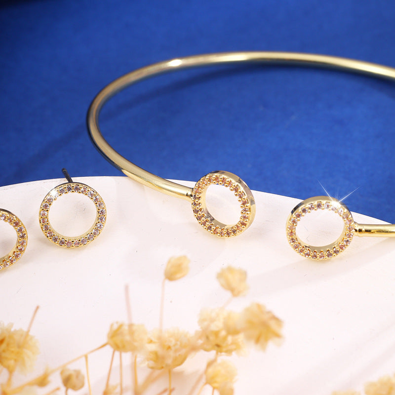 Micro-inlaid Full Diamond Circle Opening Bracelet Ear Stud And Ring