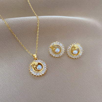 Square Full Diamond  Round Ring Leaves Necklace And Earrings Suite