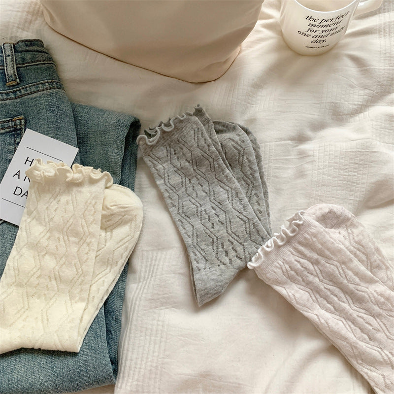 Mesh Hollow Wooden Ear Mid-Calf Socks