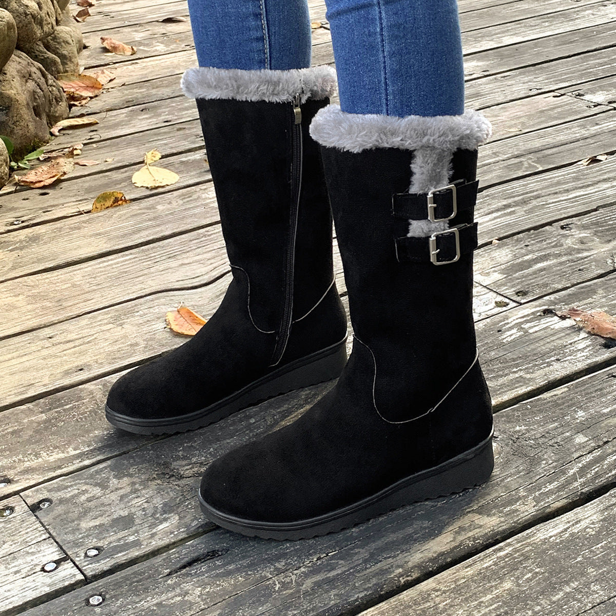 Fleece-lined Mid-calf Wedge Heel Martin Boots