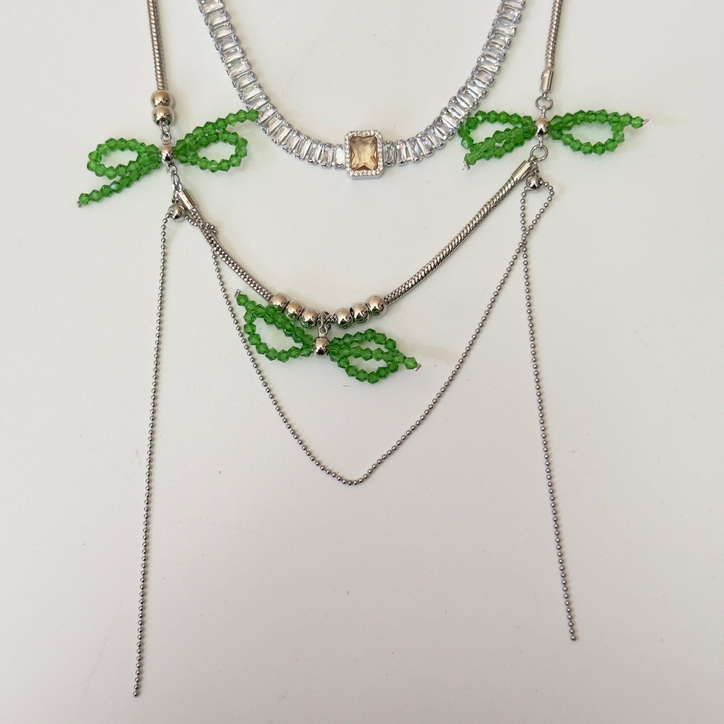 Green Colored Glaze Bow Multi-layer Tassel Necklace