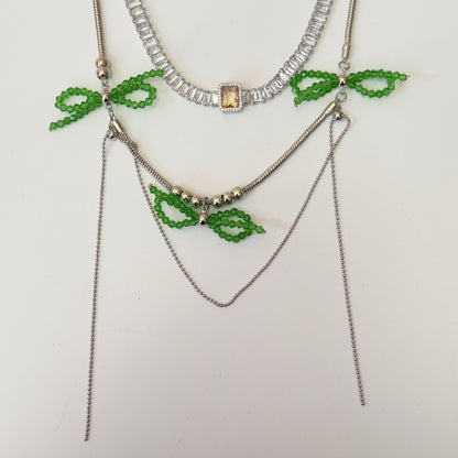 Green Colored Glaze Bow Multi-layer Tassel Necklace