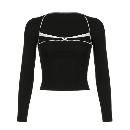 Lace Bow Square Collar Long Sleeve T-shirt