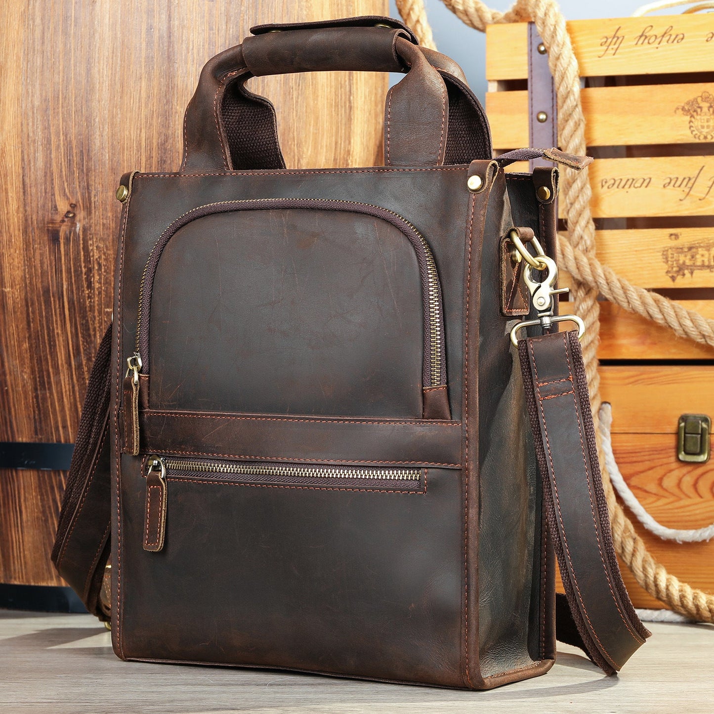 Crazy Horse Leather Crossbody Backpack