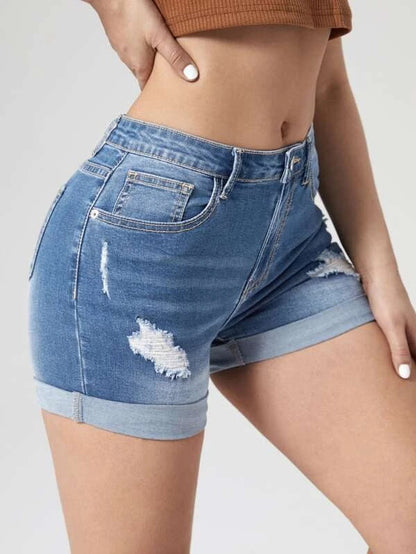 Holes Curling High Waist Denim Shorts