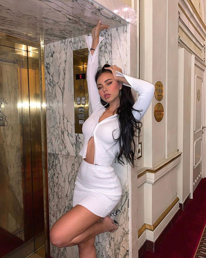 Double Zip Sunken Stripe Long Sleeve Top Skirt Set