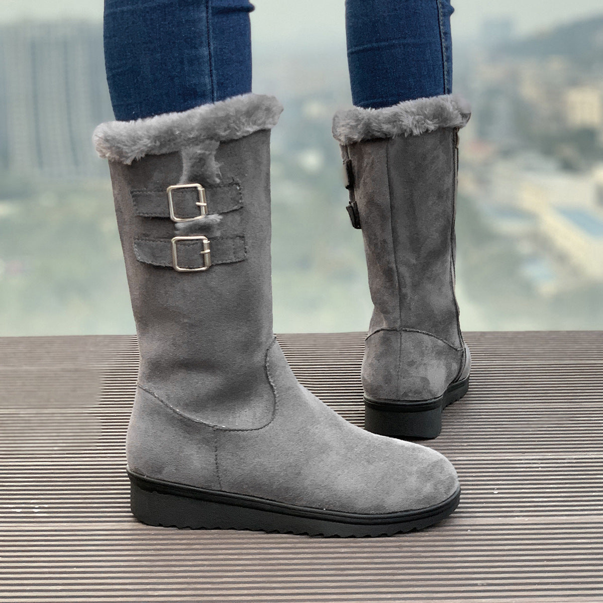 Fleece-lined Mid-calf Wedge Heel Martin Boots