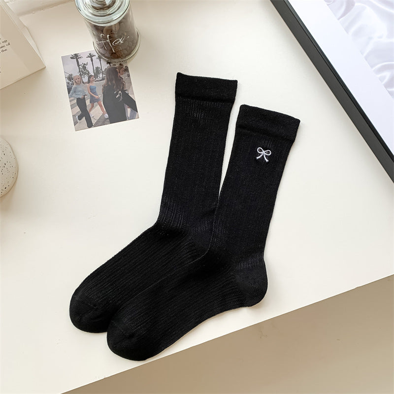 Bow Embroidery Hollow Thin Female Middle Tube Socks