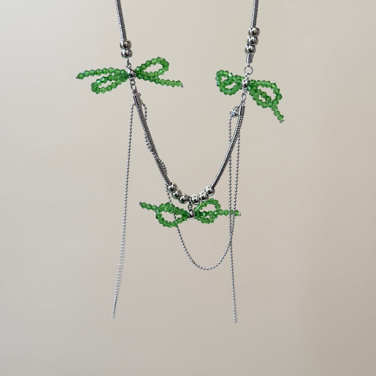 Green Colored Glaze Bow Multi-layer Tassel Necklace