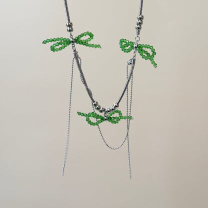 Green Colored Glaze Bow Multi-layer Tassel Necklace