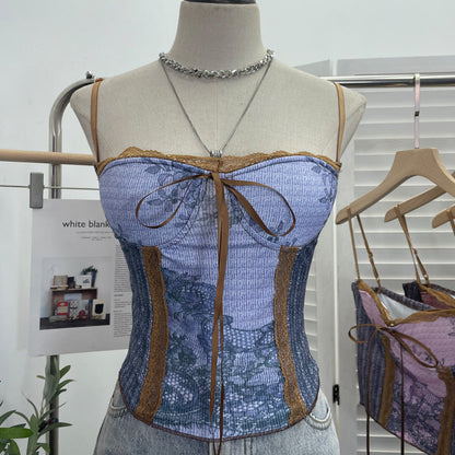 Vintage Ink Painting Lace-Up Tube Top with Chest Pad