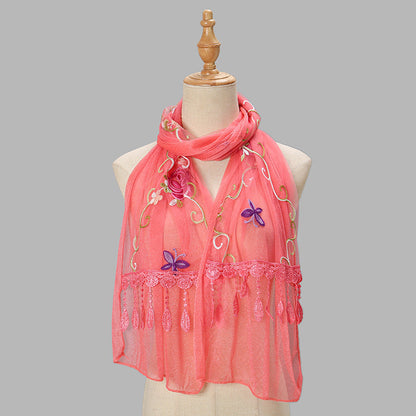 Double-layer Embroidery Flower Scarf Female Tassel