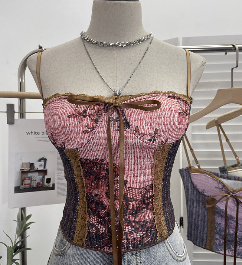 Vintage Ink Painting Lace-Up Tube Top with Chest Pad