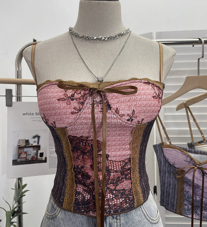 Vintage Ink Painting Lace-Up Tube Top with Chest Pad