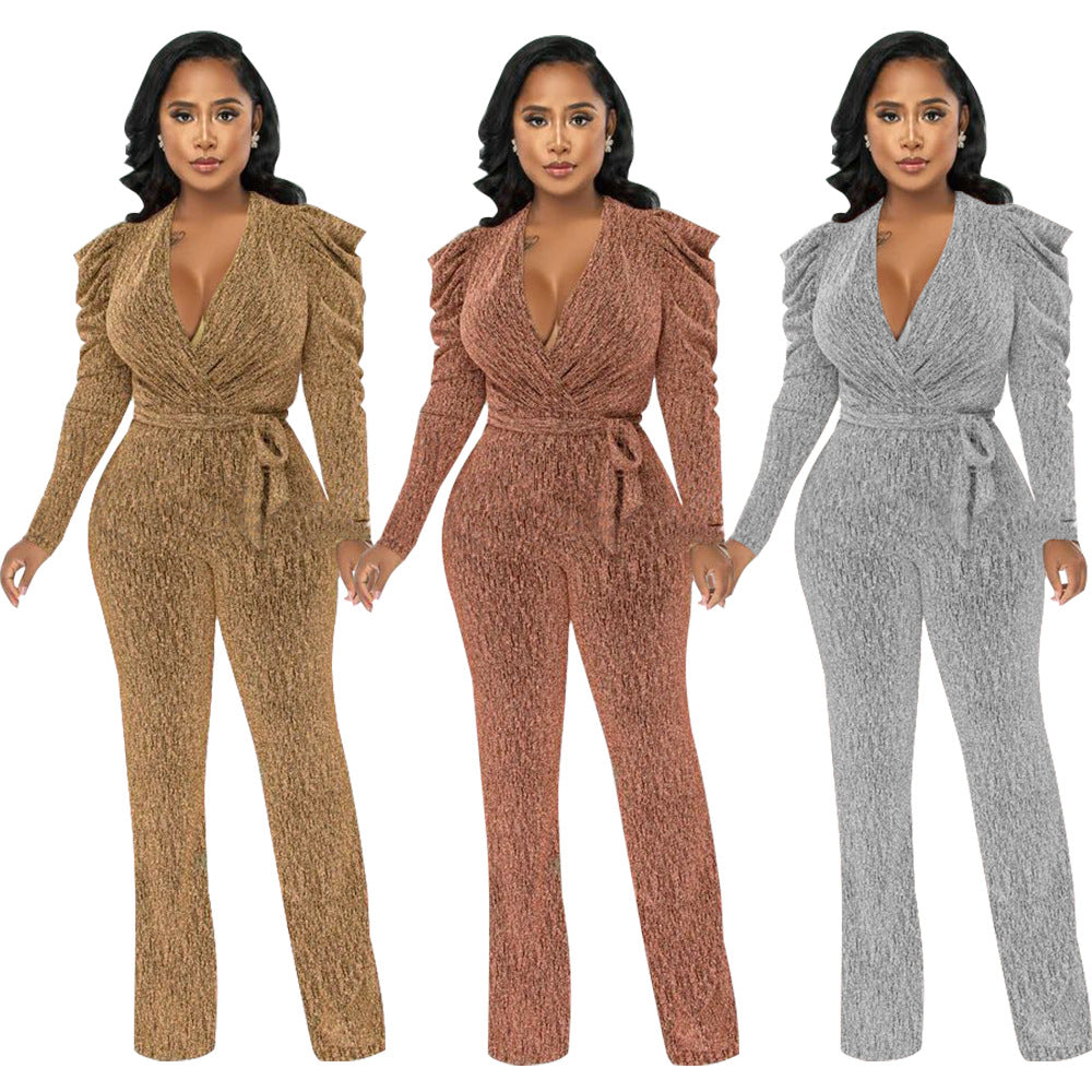 Sexy Waist Trimming V-neck Puff Sleeve Glossy Knitted Jumpsuit