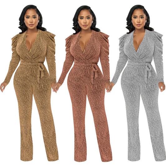 Sexy Waist Trimming V-neck Puff Sleeve Glossy Knitted Jumpsuit