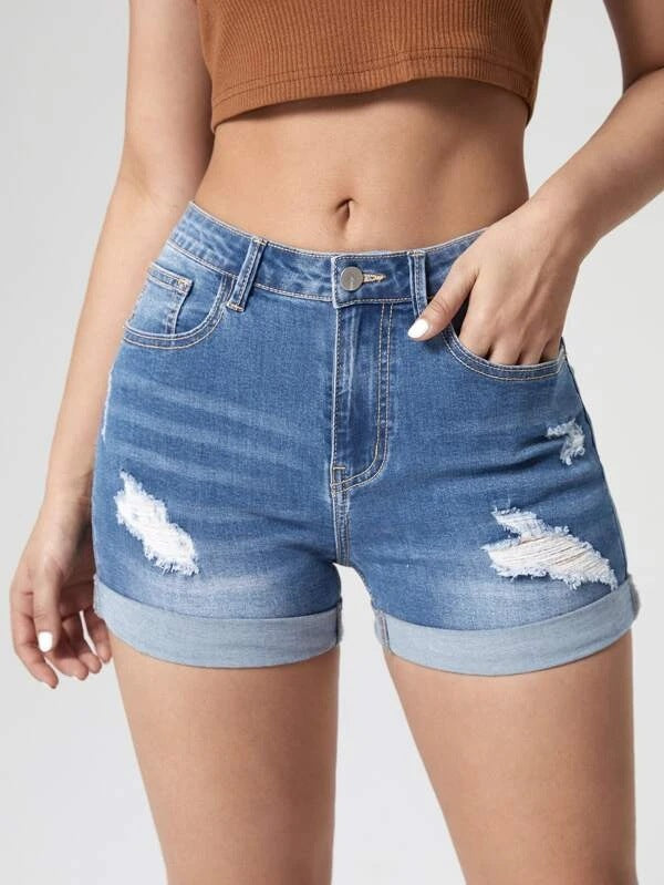 Holes Curling High Waist Denim Shorts
