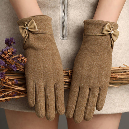 Fleece-Lined Suede Bow Touch Screen Gloves