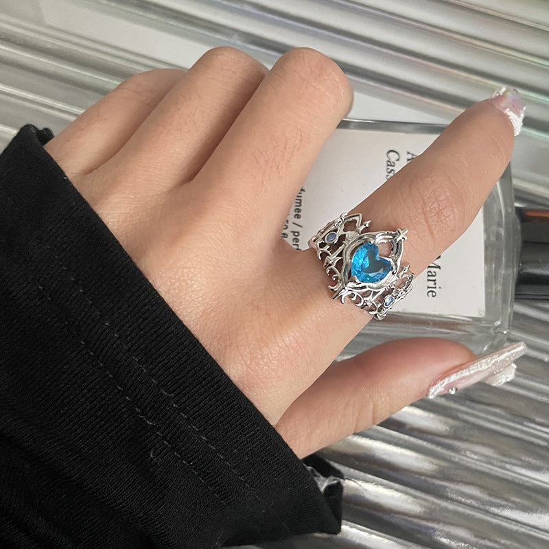 Red Blue Heart-Shaped Open Ring for Women