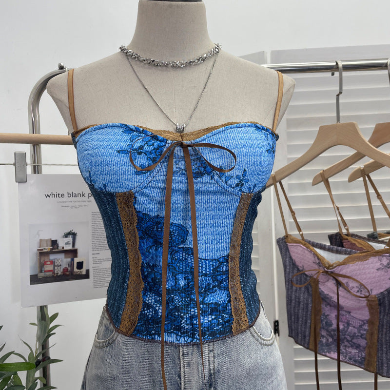 Vintage Ink Painting Lace-Up Tube Top with Chest Pad