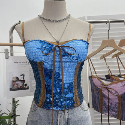 Vintage Ink Painting Lace-Up Tube Top with Chest Pad