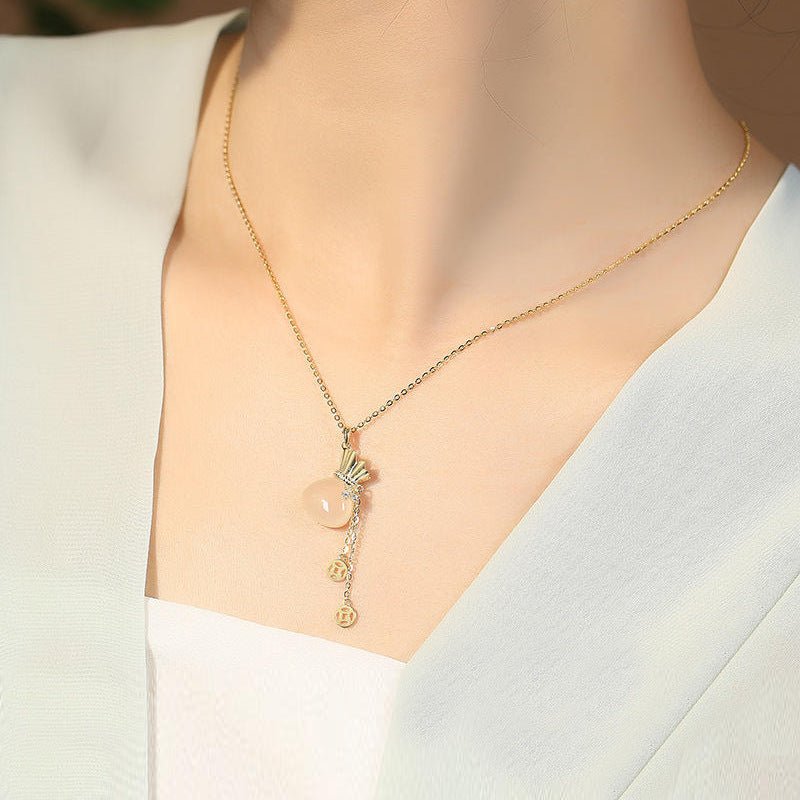 925 Silver Necklace with White Chalcedony Lucky Bag Pendant