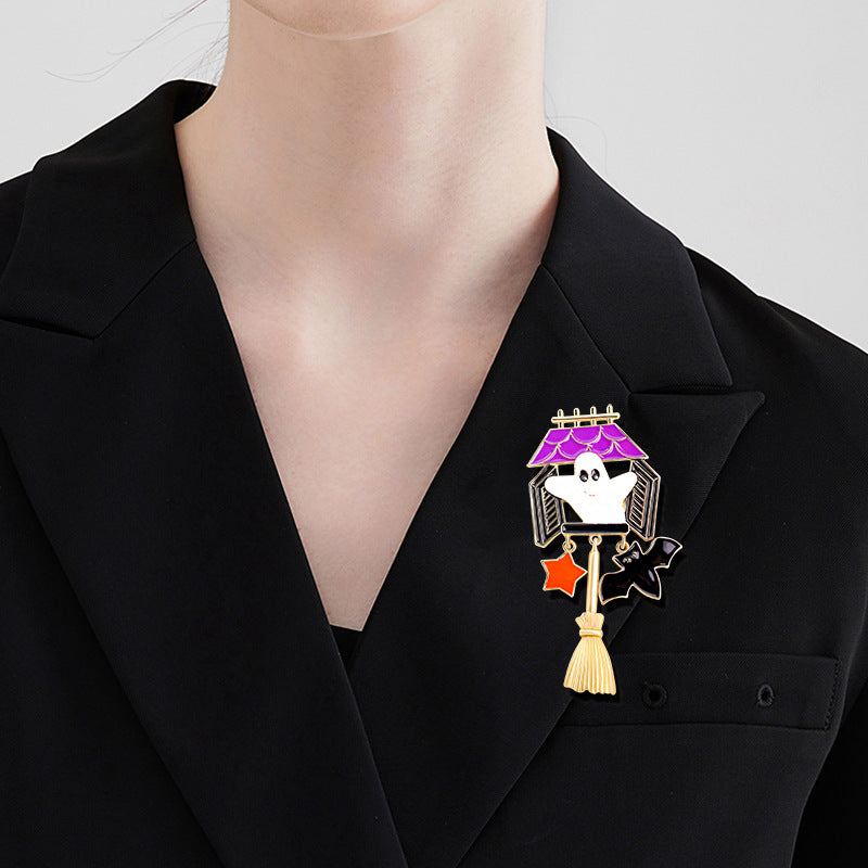 Halloween Cartoon Pumpkin Head Broom Brooch