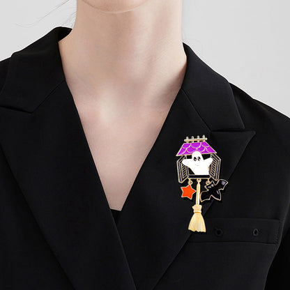 Halloween Cartoon Pumpkin Head Broom Brooch